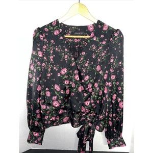 Banana Republic Womens Long Sleeve Wrap Top Small Black Multicolor Floral